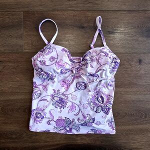 Lands End Tankini Top Womens 10 Underwire Purple Floral Print Swim Adjustable